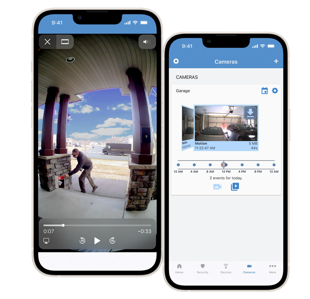 Live and recorded video clips in the security app.
